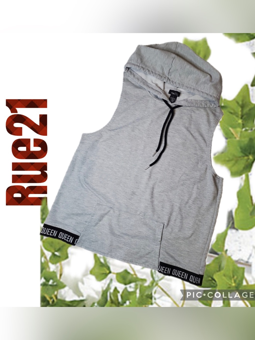 Rue-21 “Queen” banding ladies Athletic gray sleeveless hoodie. SZ L *flaw stain